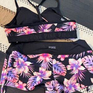 PINK Floral Gym to Swimsuit Set - Black with Pink/Purple Tropical Print